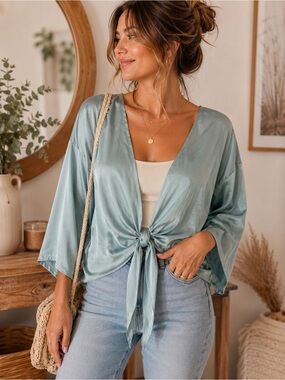 Urban Outfitters Pale Seafoam Satin Blouse